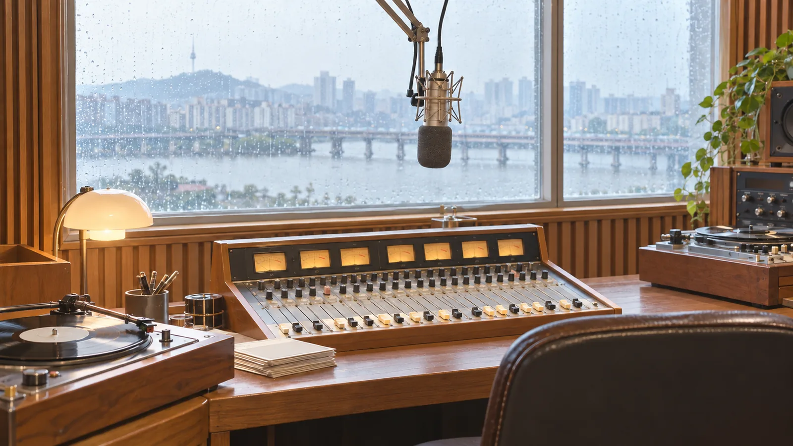 A 1980s Korean radio DJ booth with a vintage microphone and turntable on a rainy day